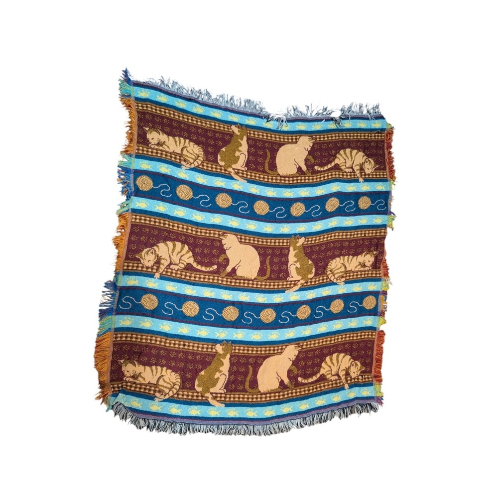 Vintage Cat Woven Throw Blanket Fringe Yarn Ball Fish Whimsical 90s
